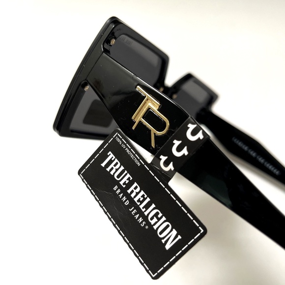 New Original TRUE RELIGION Square Sunglasses Oversized Acetate Black Studded - Picture 4 of 6